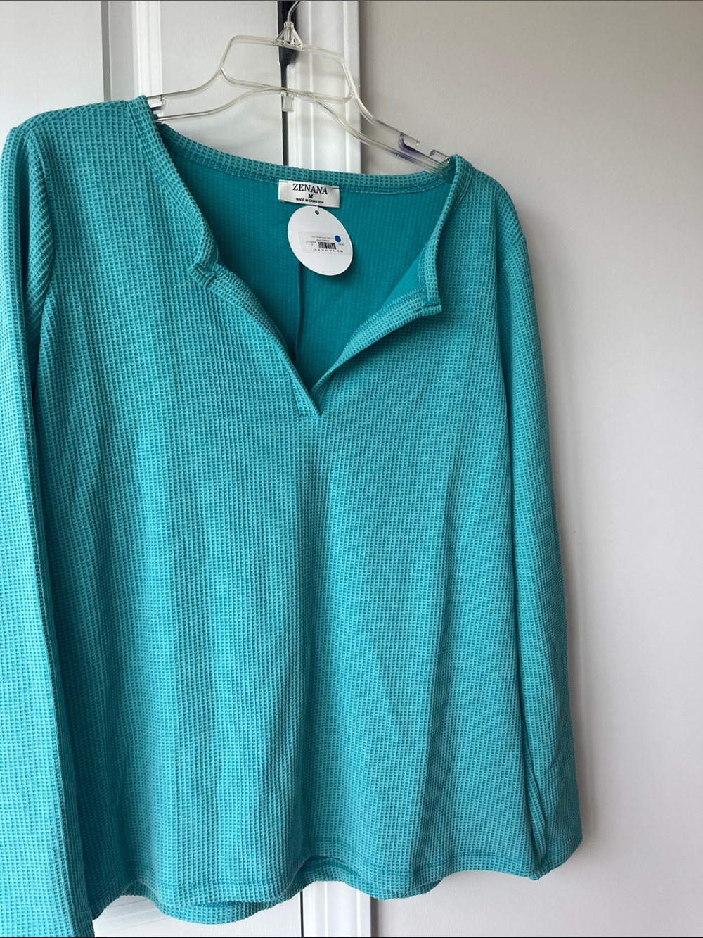 Zenana Teal Waffle Knit Split V-Neck Long Sleeve Top